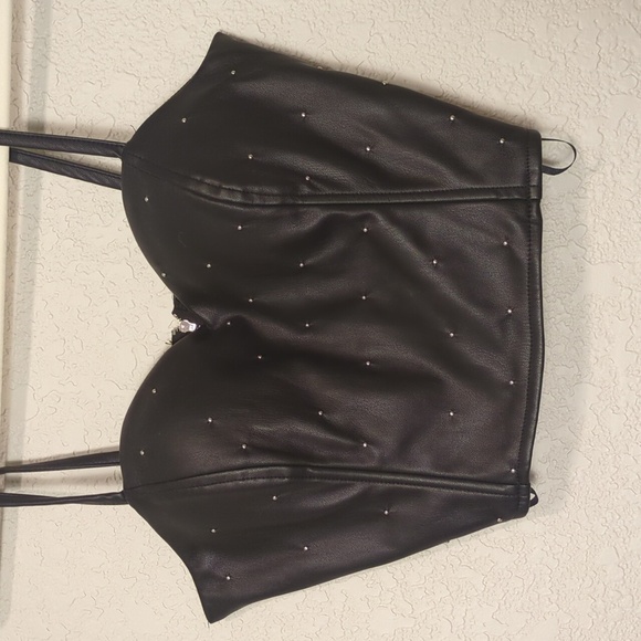 Say what? black faux leather sweetheart neckline rhinestone studded crop top - Picture 3 of 7